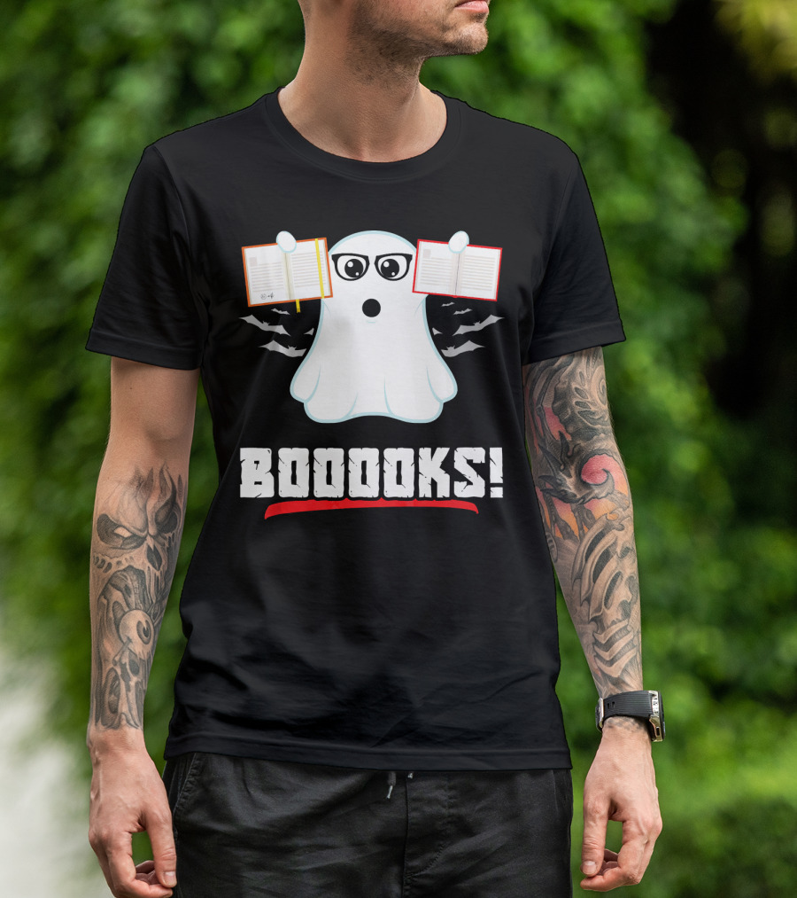 BOOOOKS Boo Ghost Reading Book Lib With Bats And Glasses T-Shirt