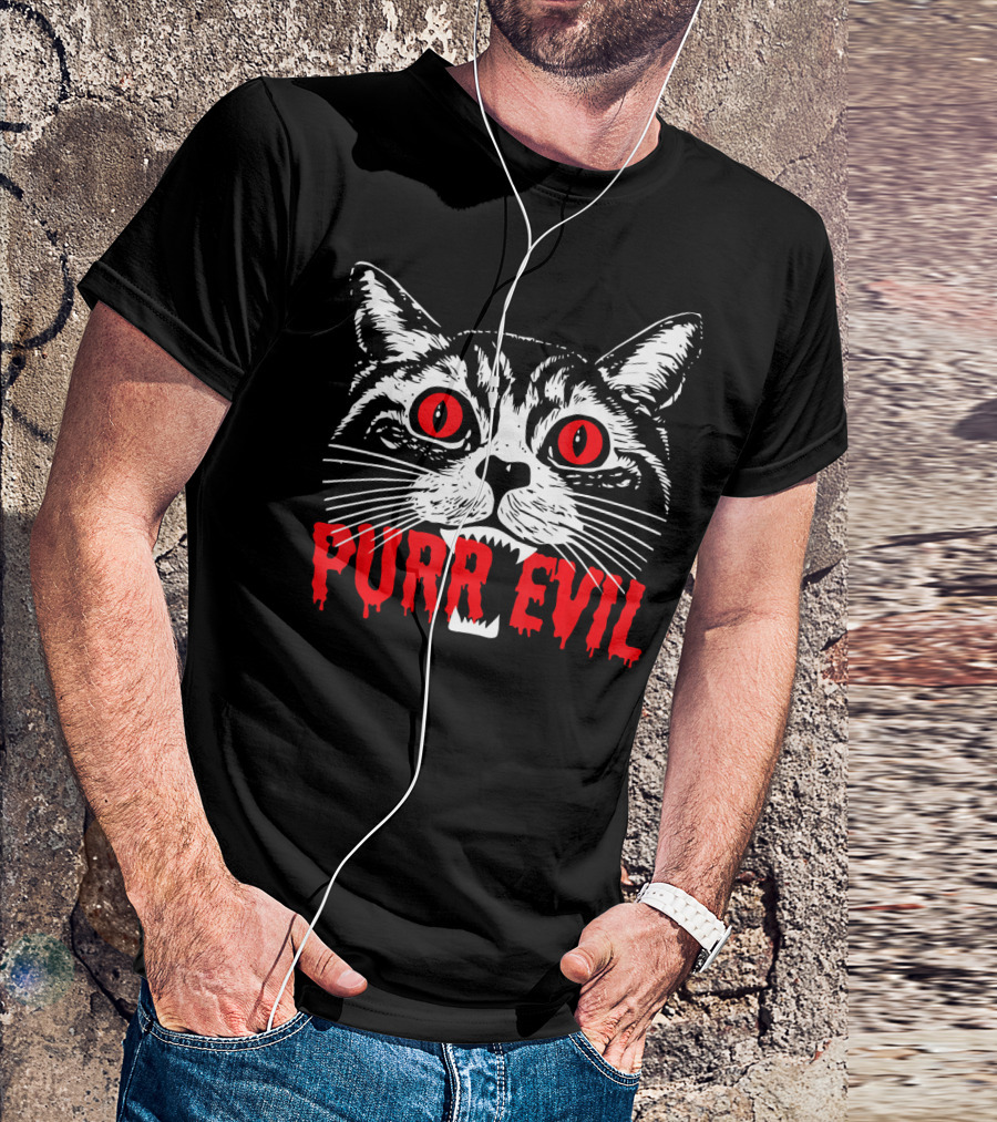 Purr Evil Satanic Cat Red Eyes Halloween T-Shirt