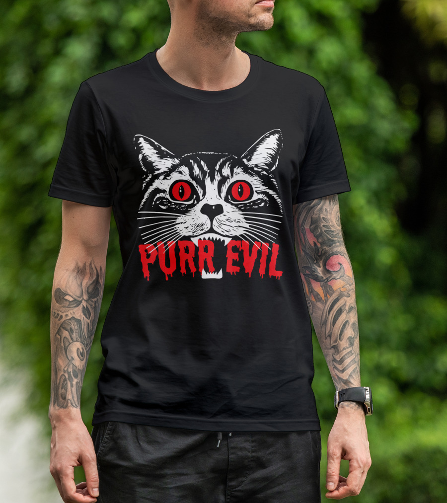 Purr Evil Satanic Cat Red Eyes Halloween T-Shirt