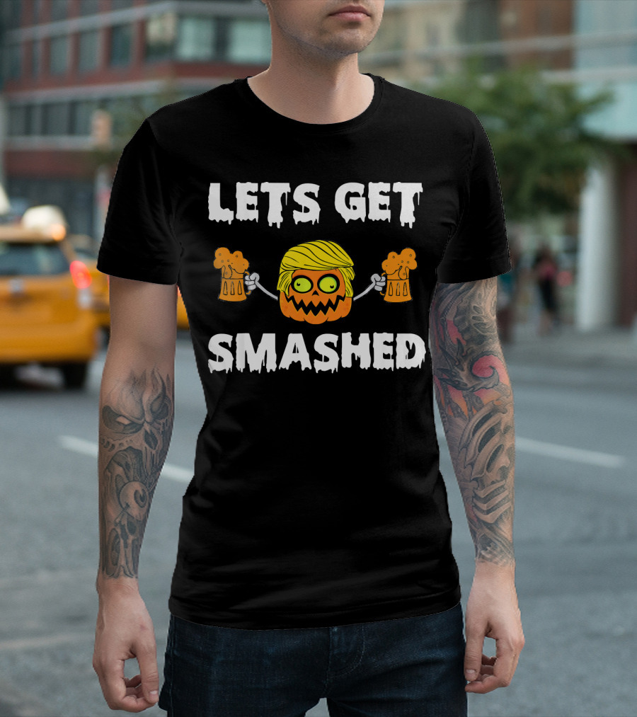 Lets Get Smashed Pumpkin Holding Beer Mugs with Blonde Hair T-Shirt