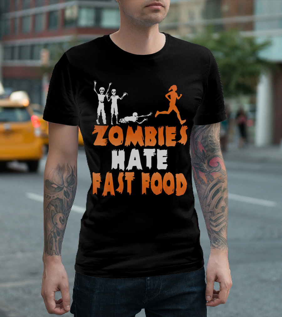 Zombies Hate Fast Food Skeletons Chasing Runner T-Shirt