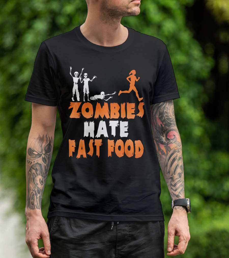 Zombies Hate Fast Food Skeletons Chasing Runner T-Shirt