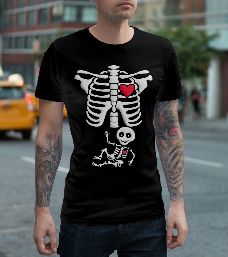 Pregnant Skeleton with Heart Ribcage and Smiling Baby Skeleton T-Shirt