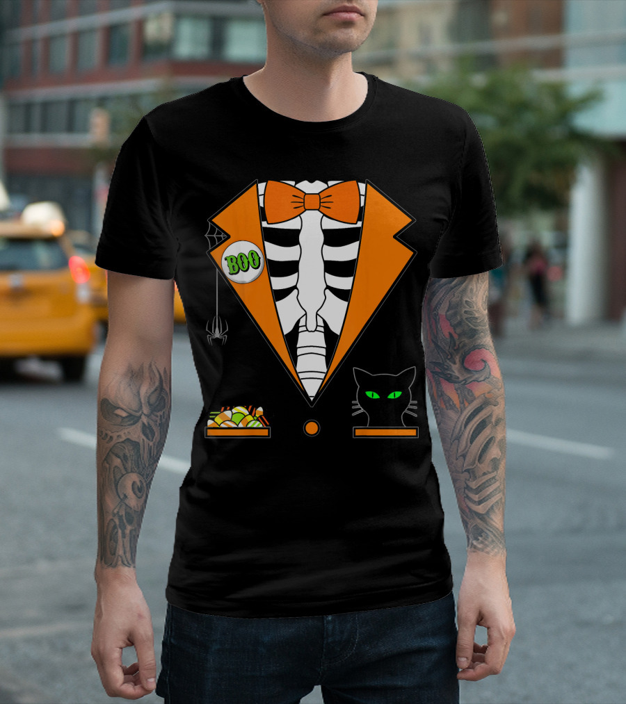 Easy Halloween Costume Orange Skeleton Tuxedo with Candy Bowl and Black Cat T-Shirt