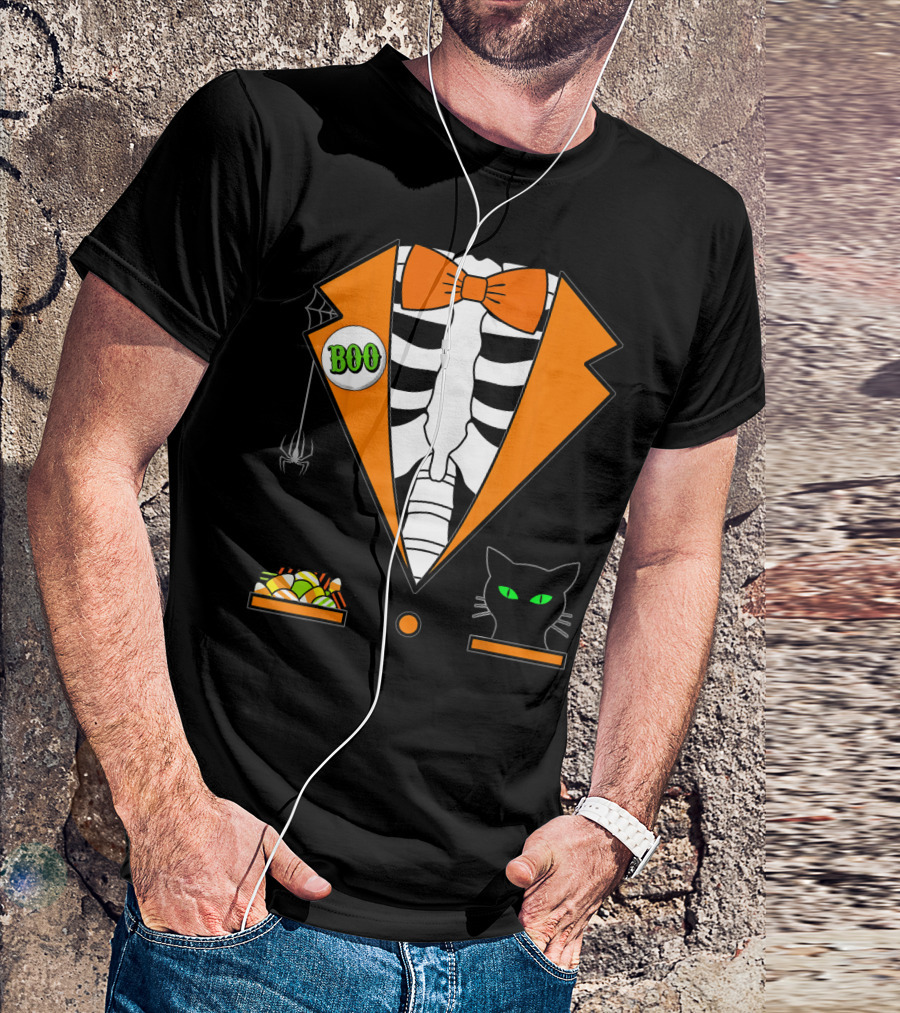 Easy Halloween Costume Orange Skeleton Tuxedo With Candy Bowl And Black Cat T-Shirt