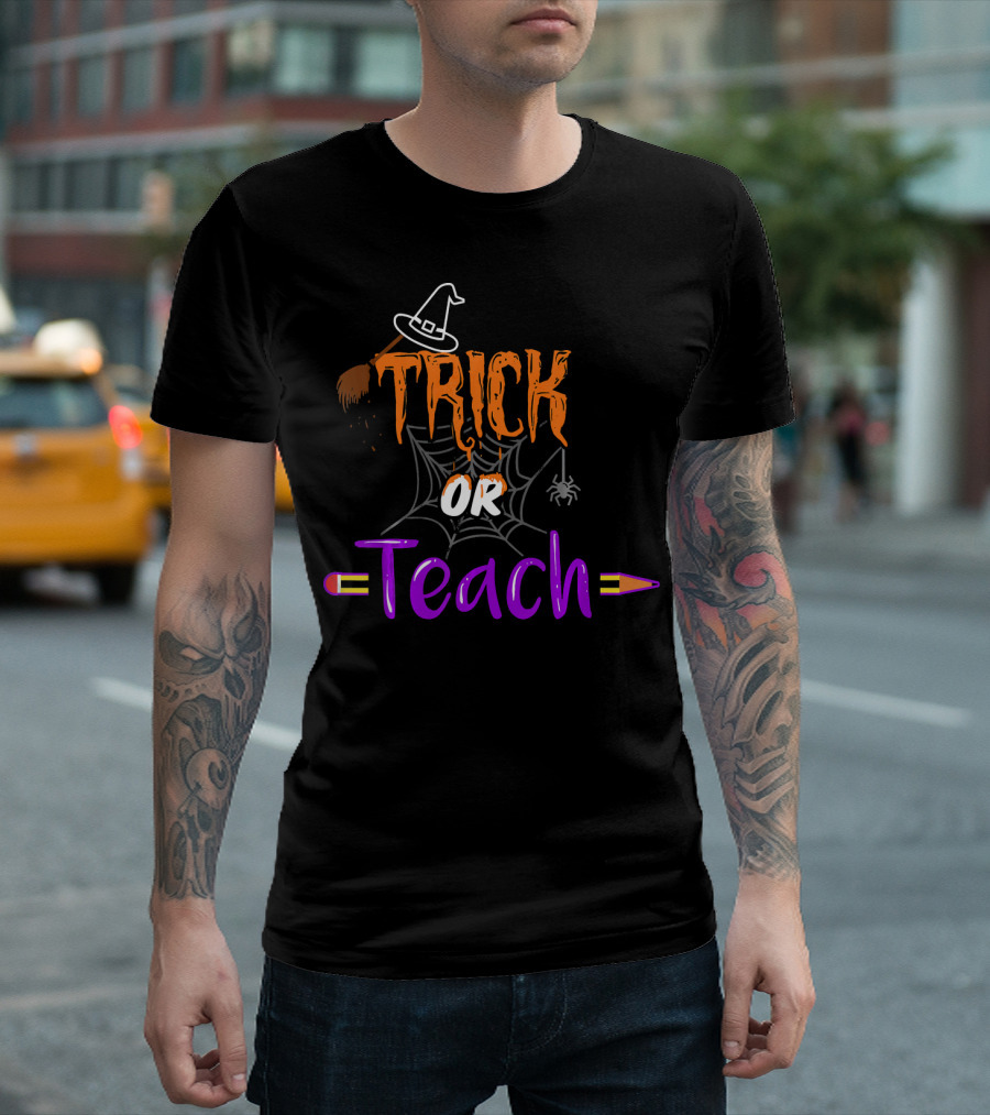 Trick Or Teach Funny Halloween Spider Witch Hat Pencil T-Shirt