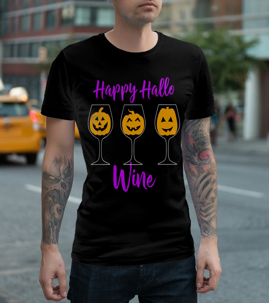 Happy Hallo Wine Funny Halloween Pumpkins in Wine Glasses T-Shirt