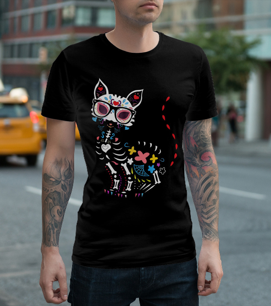 Colorful Day Of The Dead Black Cat Halloween T-Shirt