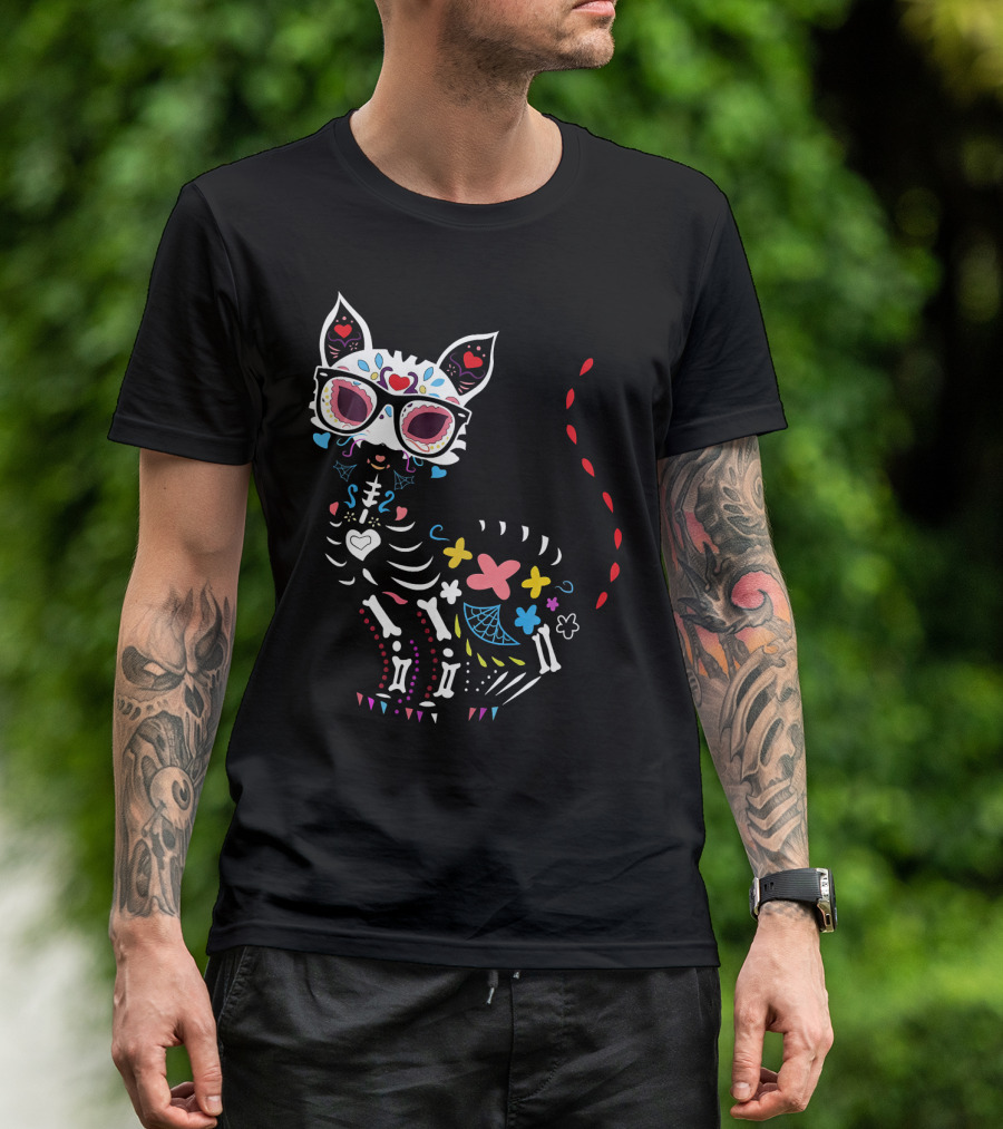 Colorful Day Of The Dead Black Cat Halloween T-Shirt