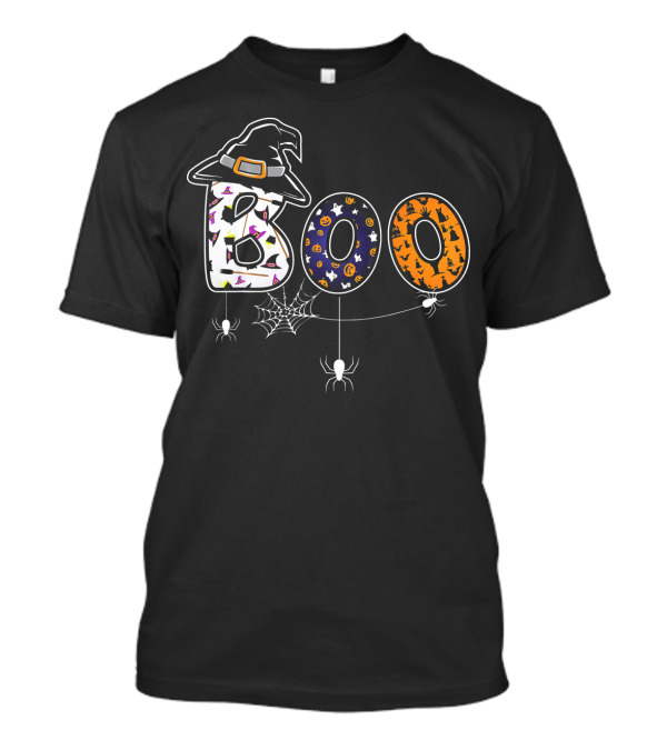 Boo Halloween Witch Hat Spider Web Letters T-Shirt