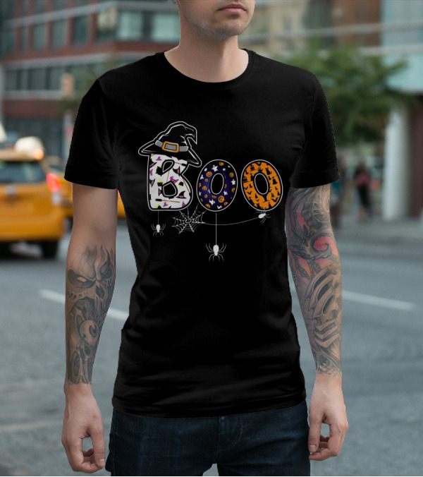 Boo Halloween Witch Hat Spider Web Letters T-Shirt