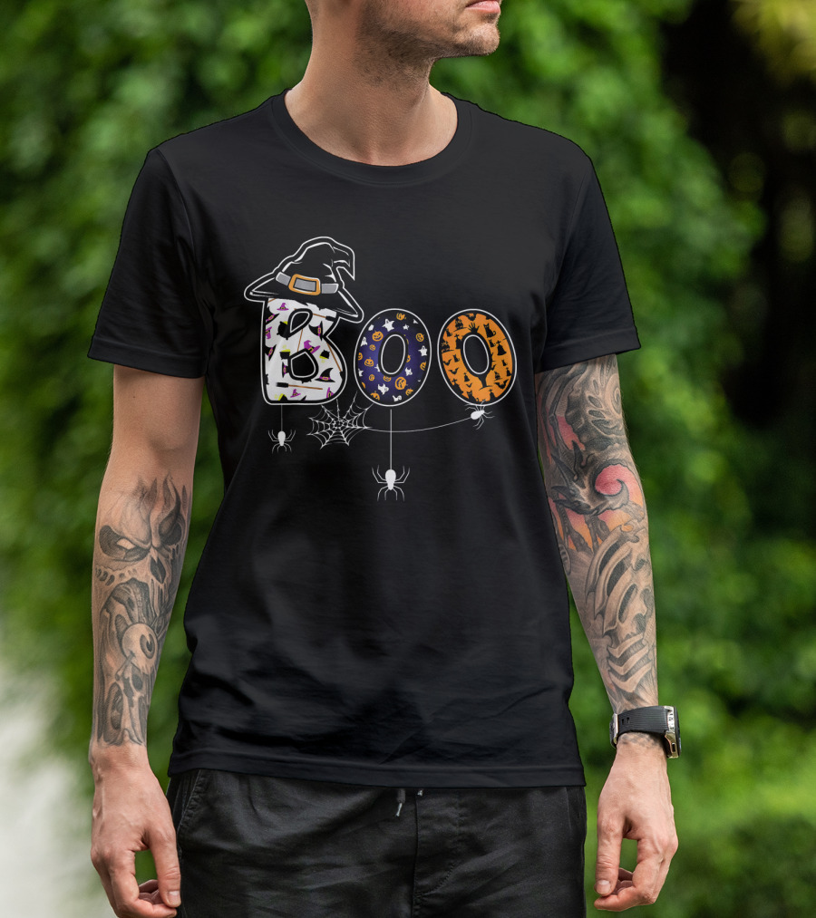 Boo Halloween Witch Hat Spider Web Letters T-Shirt