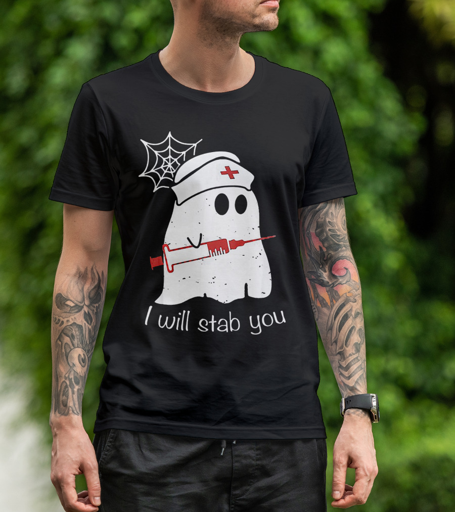I Will Stab You Ghost Nurse Fun Halloween Syringe Spider Web T-Shirt