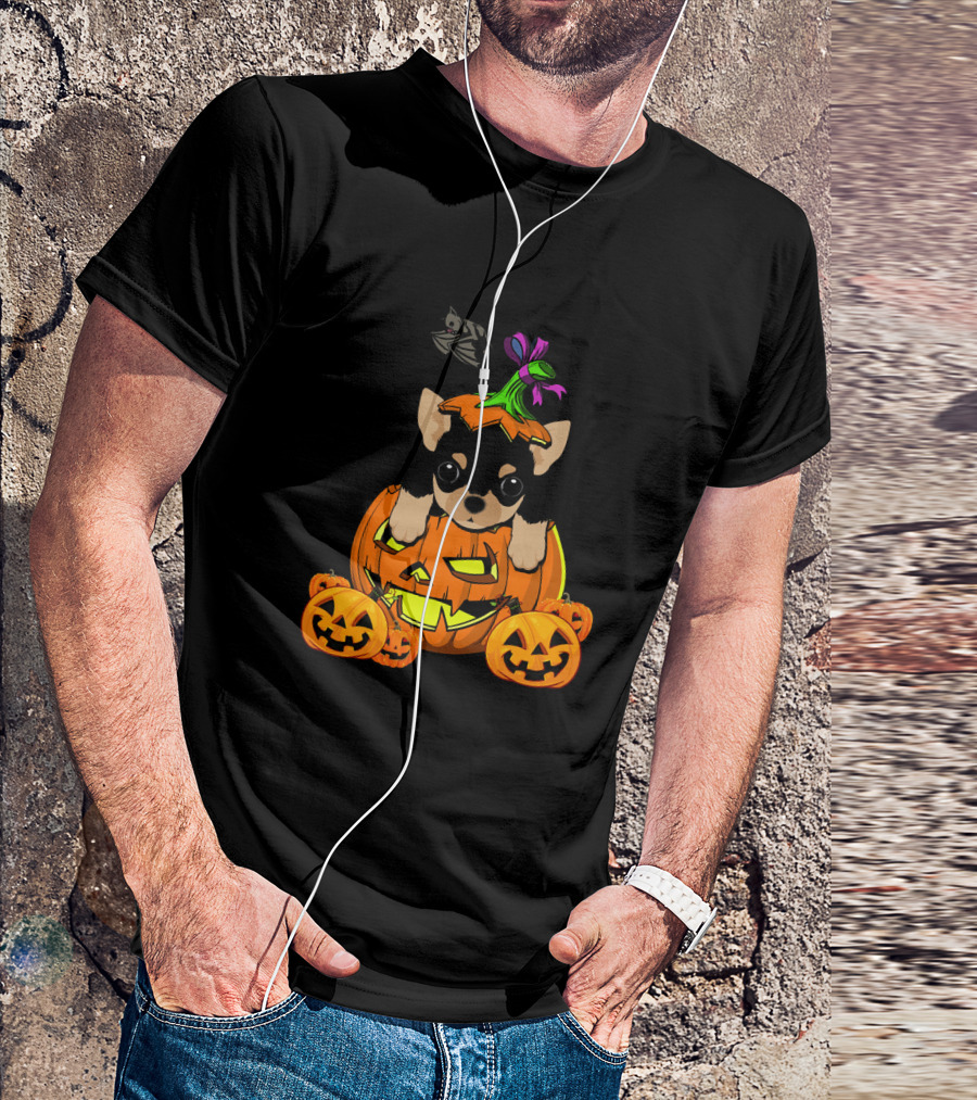Happy Halloween Funny Chihuahua Jack-O'-Lantern Pumpkin With Bats T-Shirt