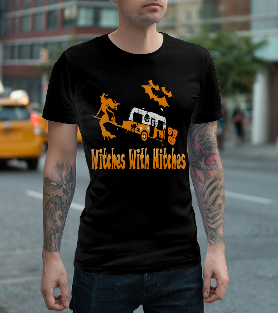 Witches With Hitches Halloween Camping Adventure With RV, Pumpkins, And Bats T-Shirt