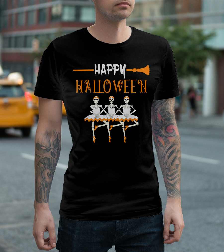 Happy Halloween Skeleton Ballerina Trio With Broomstick T-Shirt