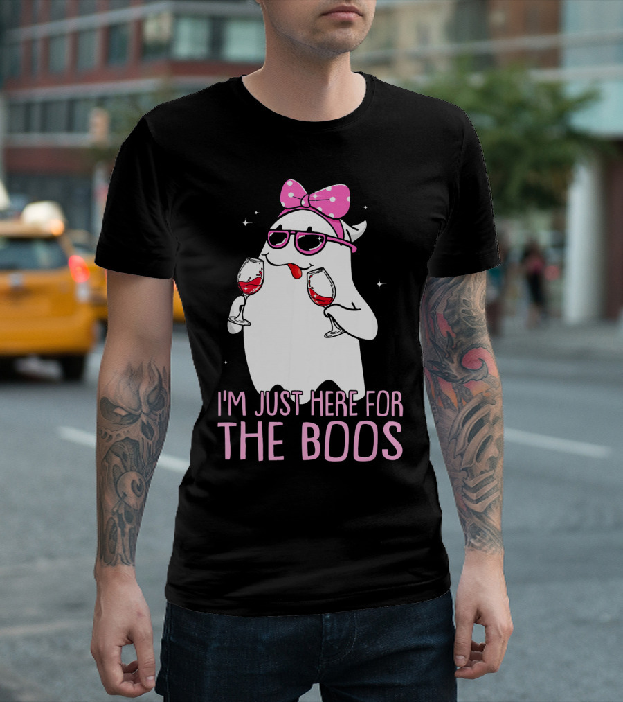 I'm Just Here for the Boos Wine Lover Ghost with Bow and Sunglasses T-Shirt