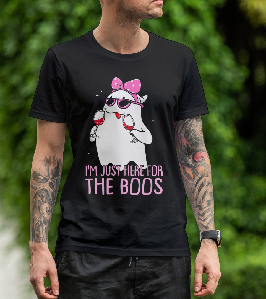 I'm Just Here For The Boos Wine Lover Ghost With Bow And Sunglasses T-Shirt
