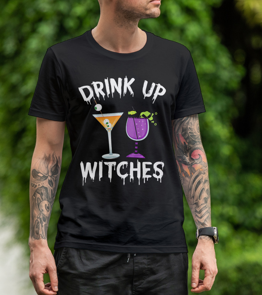 Drink Up Witches Funny Halloween Pun Cocktail Eyeball And Broomstick Drinks T-Shirt