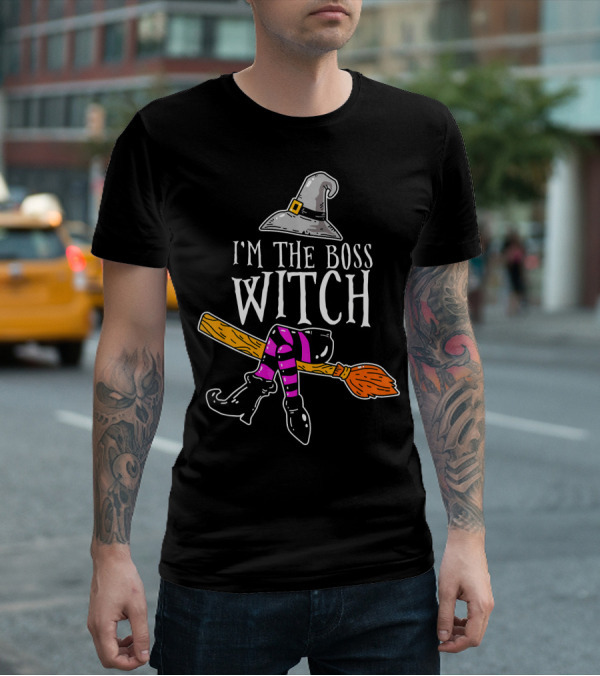 I'm The Boss Witch Funny Halloween Hat Broomstick Boots Striped Socks T-Shirt