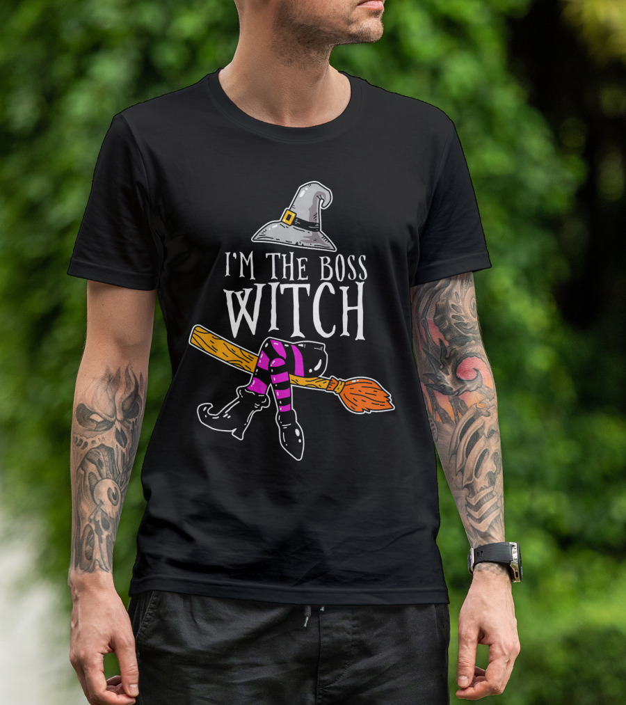 I'm The Boss Witch Funny Halloween Hat Broomstick Boots Striped Socks T-Shirt