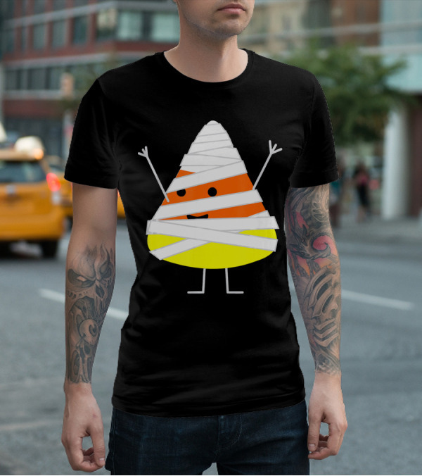 Mummy Wrapped Cartoon Candy Corn Halloween T-Shirt