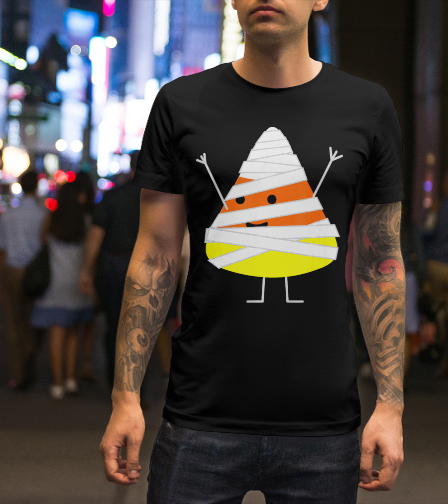 Mummy Wrapped Cartoon Candy Corn Halloween T-Shirt