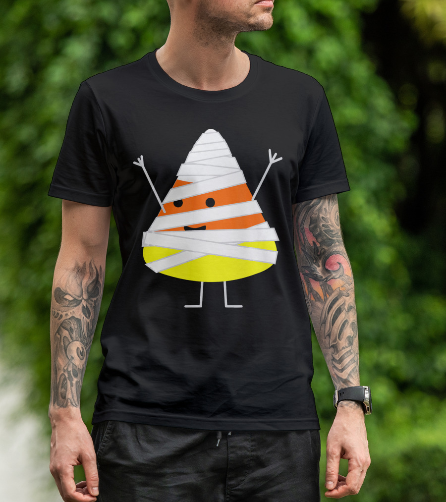 Mummy Wrapped Cartoon Candy Corn Halloween T-Shirt