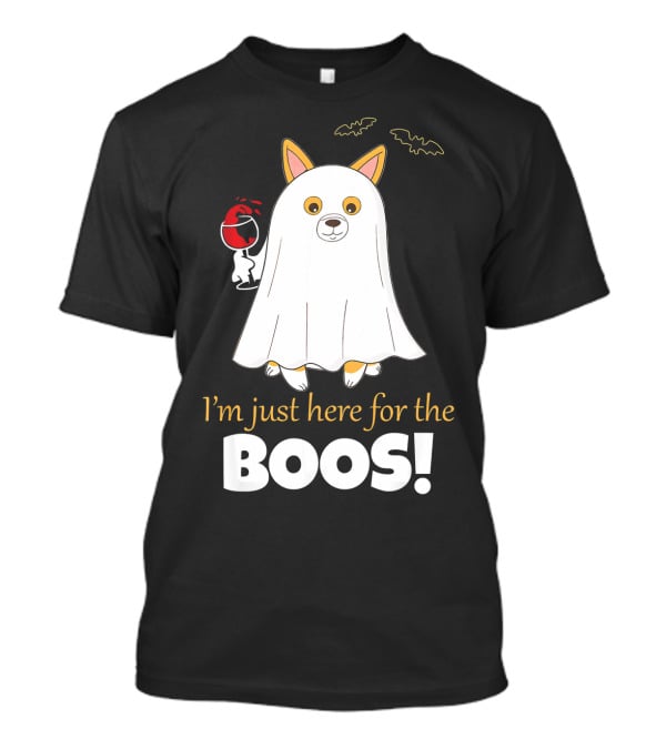 I'm Just Here For The Boos Corgi With Wine And Bat Decorations T-Shirt