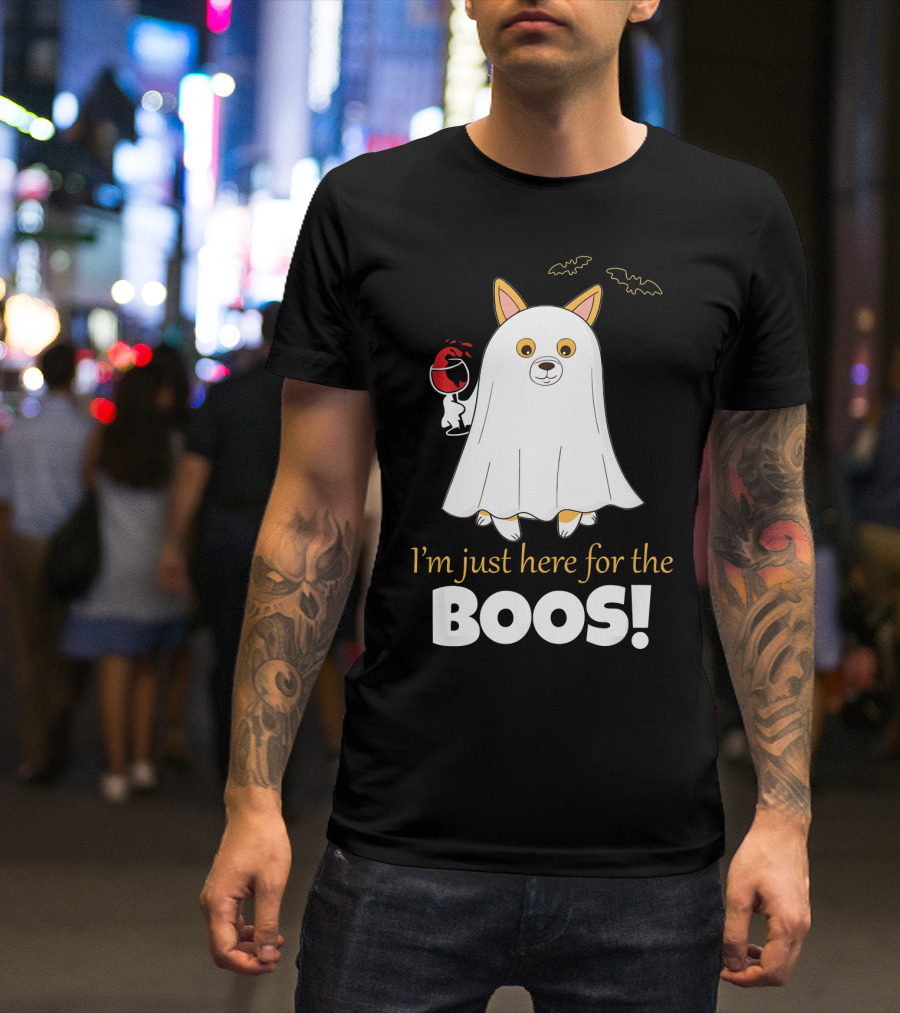 I'm Just Here For The Boos Corgi With Wine And Bat Decorations T-Shirt