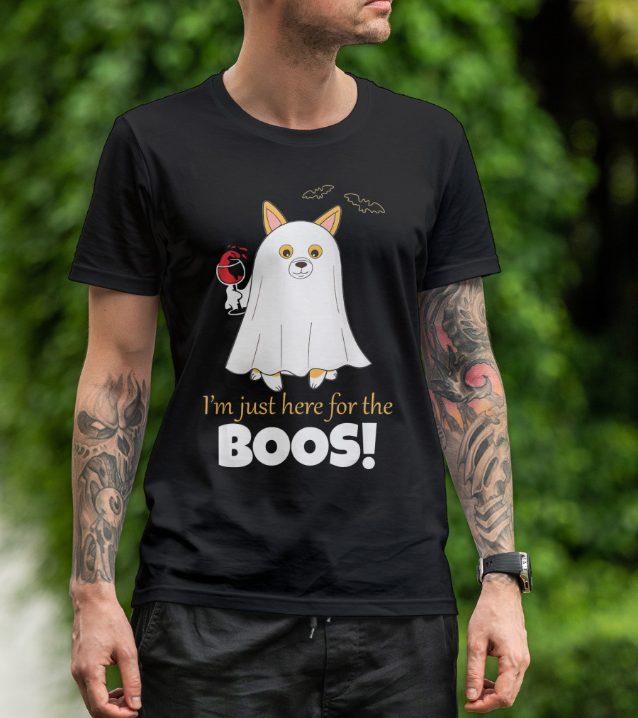 I'm Just Here For The Boos Corgi With Wine And Bat Decorations T-Shirt