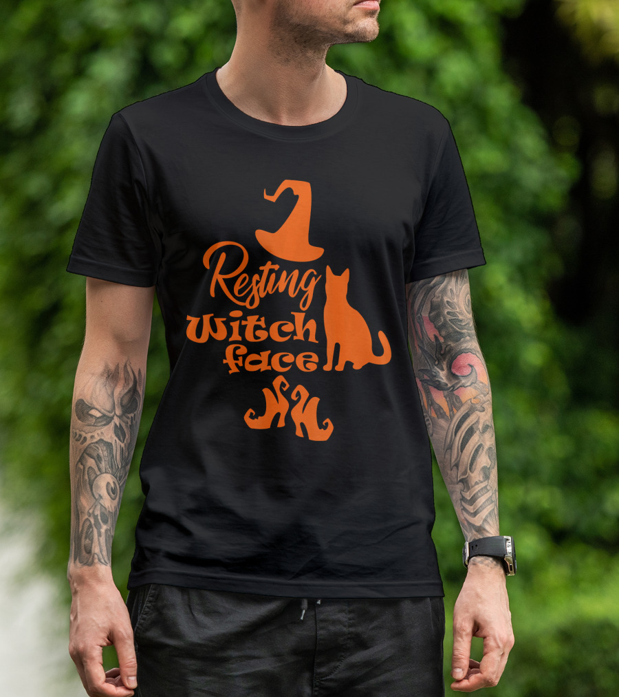 Resting Witch Face Halloween Cat Witch Hat Shoes T-Shirt