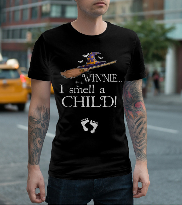 Winnie I Smell A Child Pregnancy Announcement Hat Broom Footprints T-Shirt