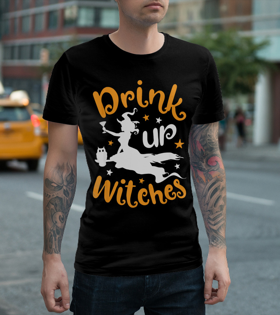 Drink Up Witches Halloween Witch Silhouette with Owl and Stars T-Shirt