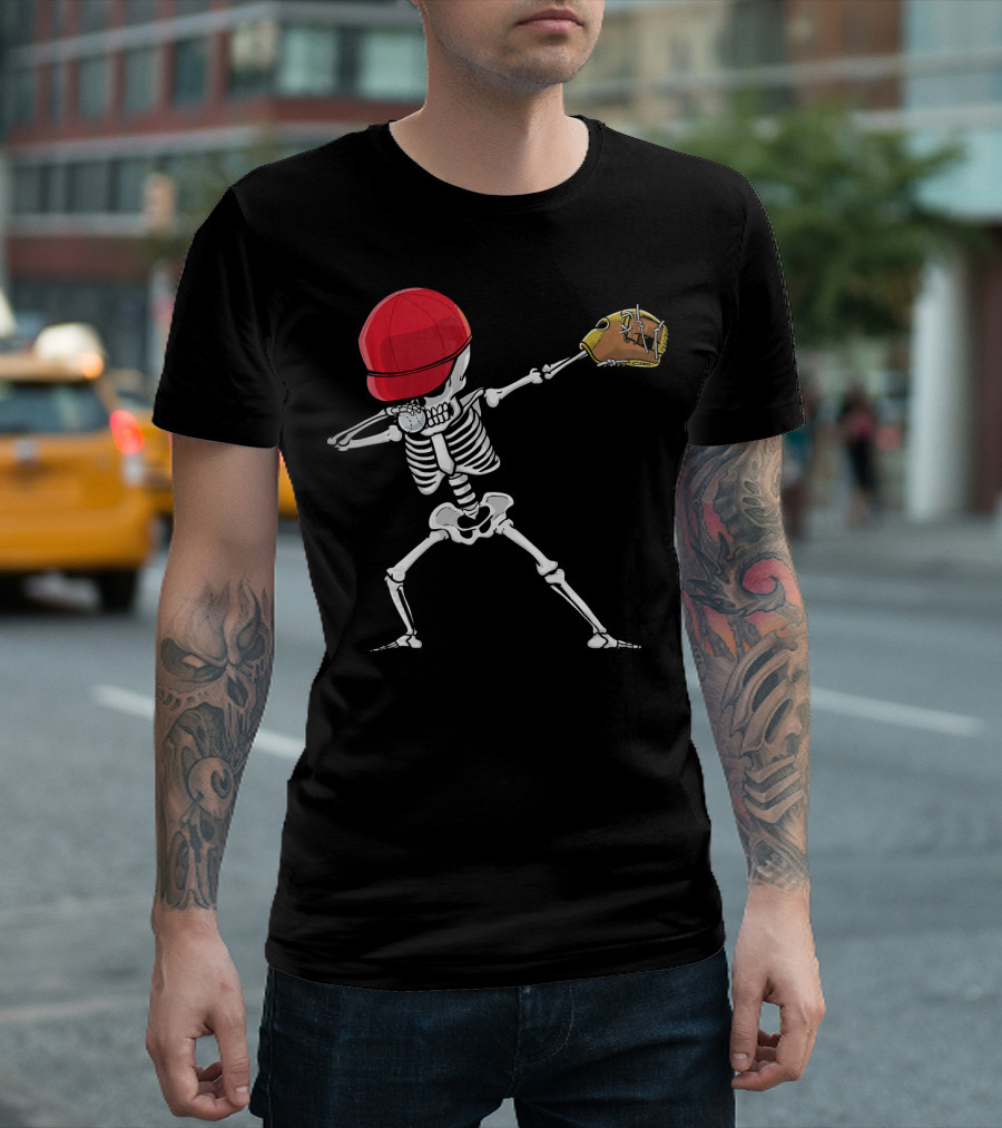Skeleton Dabbing with Red Cap and Baseball Glove T-Shirt