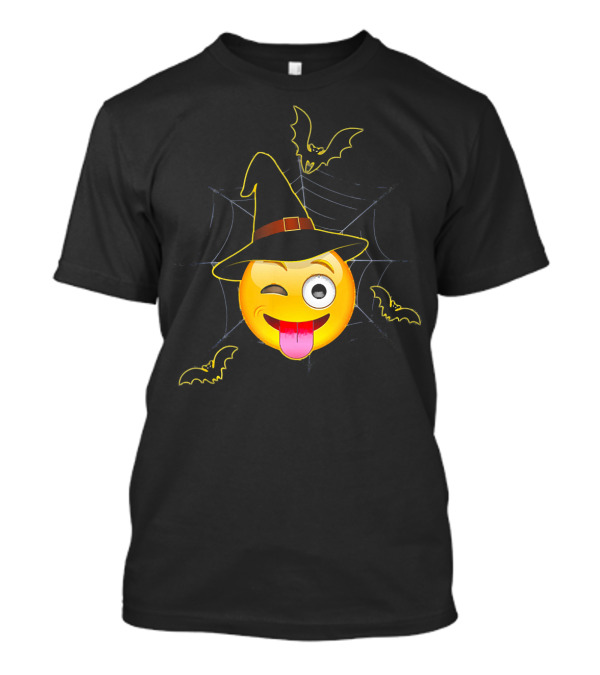 Funny Halloween Witch Emoji Winking Face With Bats And Spider Web T-Shirt