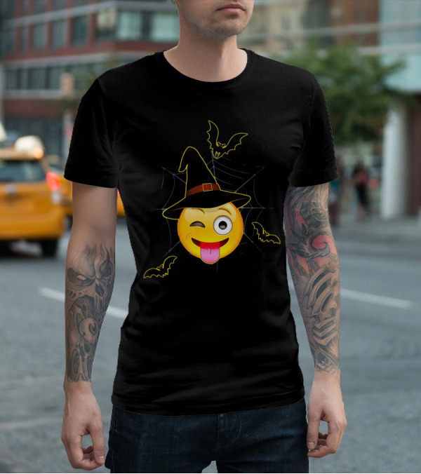 Funny Halloween Witch Emoji Winking Face With Bats And Spider Web T-Shirt