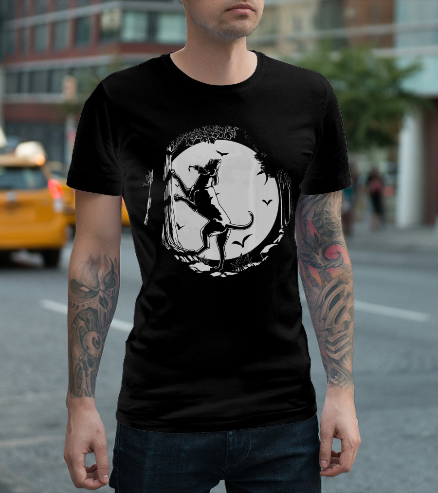 Coonhound Hunting Dog Under Full Moon With Bats And Trees T-Shirt