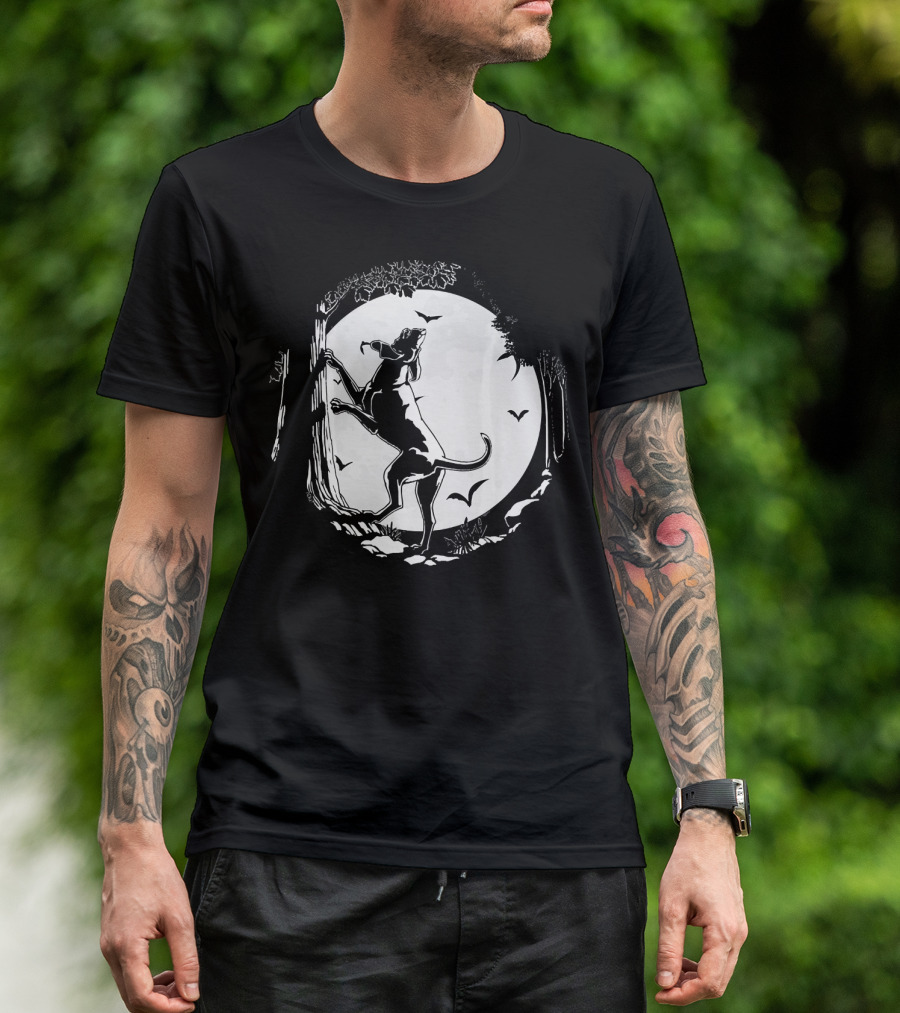 Coonhound Hunting Dog Under Full Moon With Bats And Trees T-Shirt