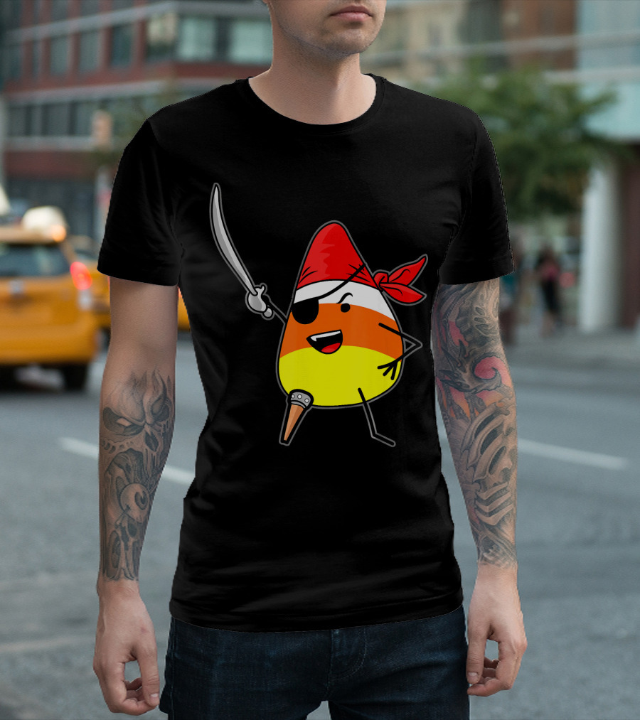 Candy Corn Pirate With Jolly Roger Sword Halloween T-Shirt