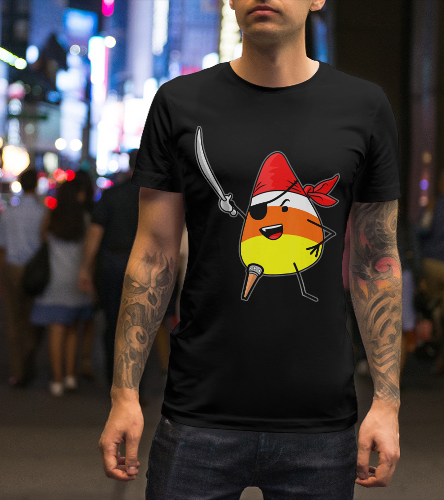 Candy Corn Pirate With Jolly Roger Sword Halloween T-Shirt
