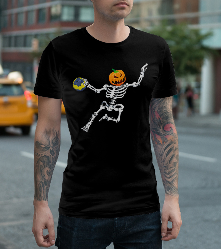 Skeleton Handball Player with Halloween Pumpkin Head T-Shirt