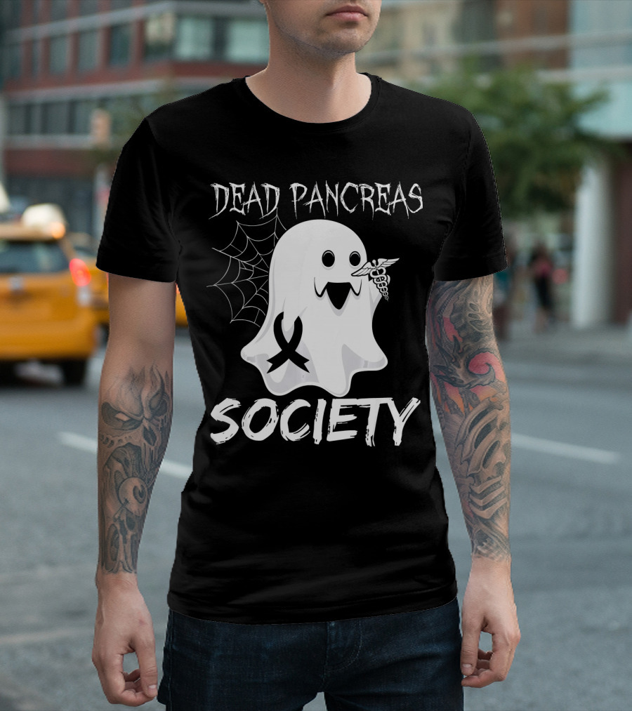 Dead Pancreas Society Ghost with Ribbon and Caduceus Diabetes Awareness T-Shirt