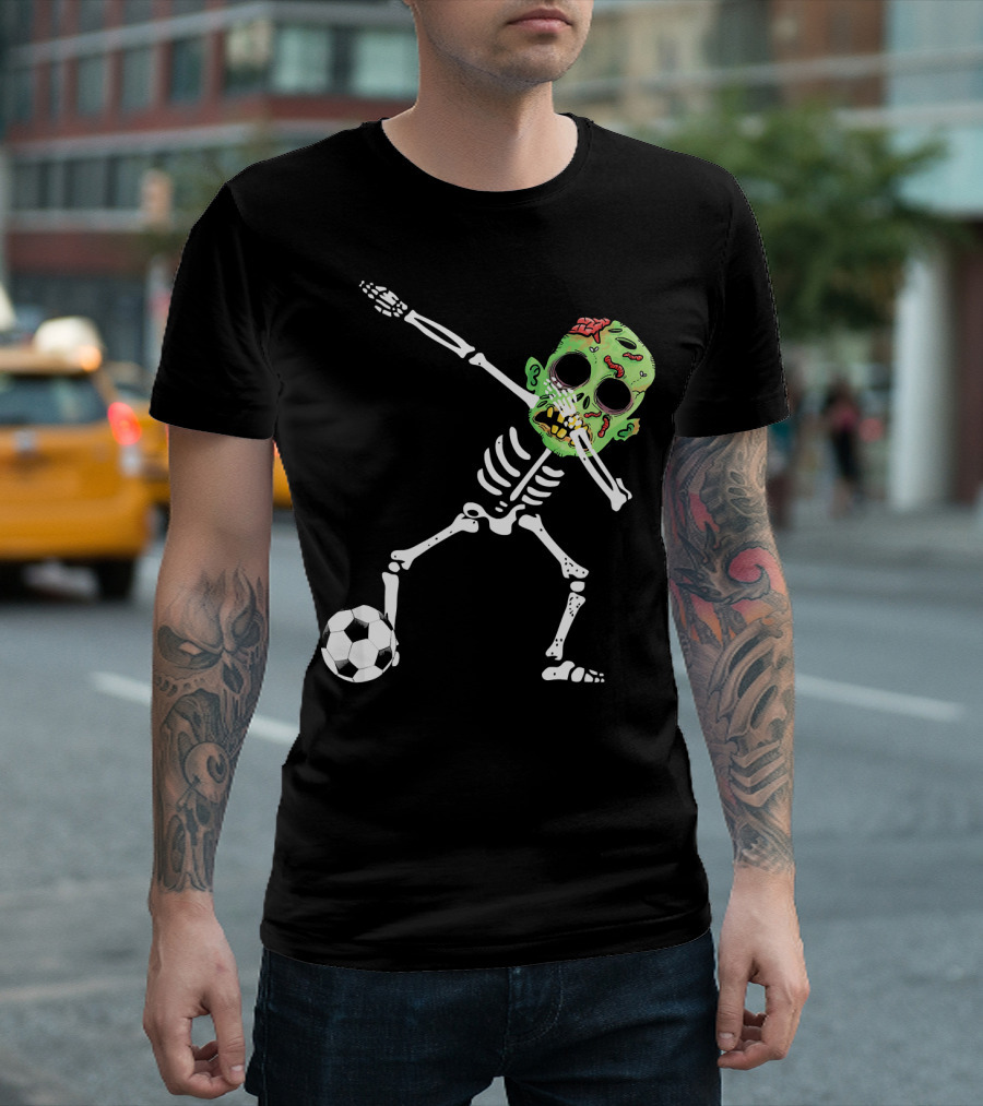 Dabbing Skeleton Soccer Zombie with Green Head T-Shirt
