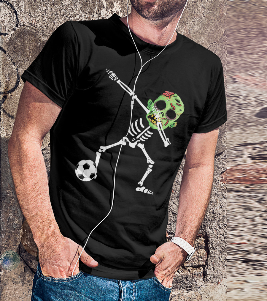 Dabbing Skeleton Soccer Zombie With Green Head T-Shirt