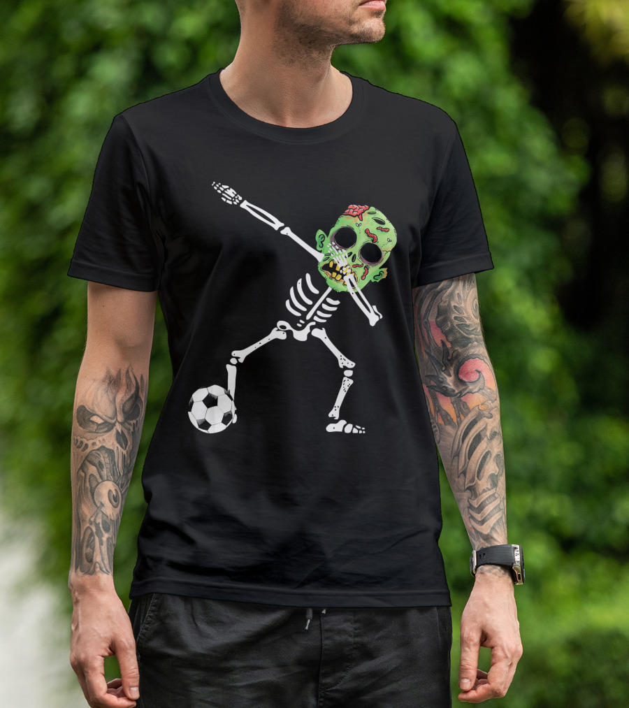Dabbing Skeleton Soccer Zombie With Green Head T-Shirt