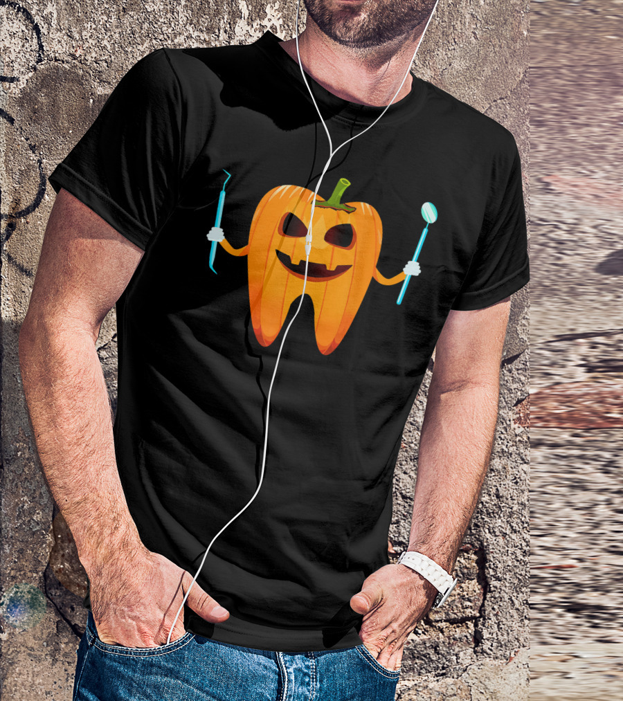 Halloween Tooth Pumpkin Holding Dental Tools T-Shirt