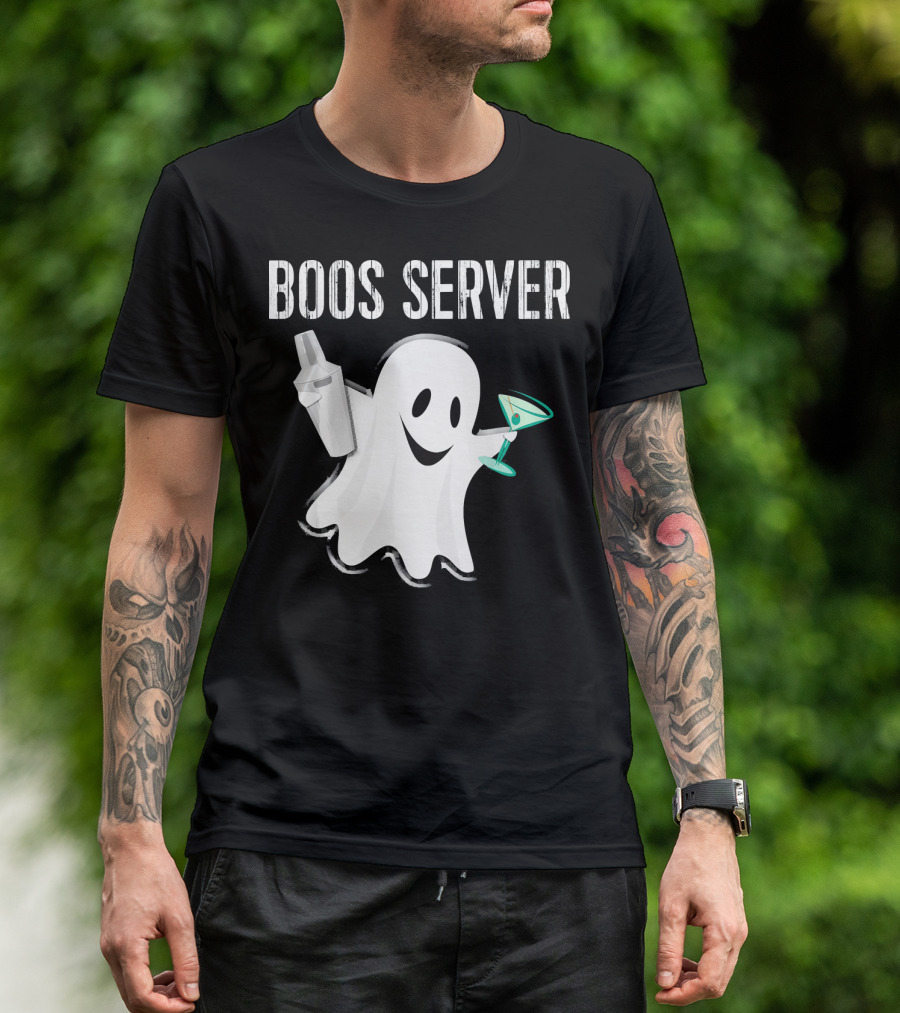 Boos Server Ghost Holding Cocktail Shaker And Martini T-Shirt