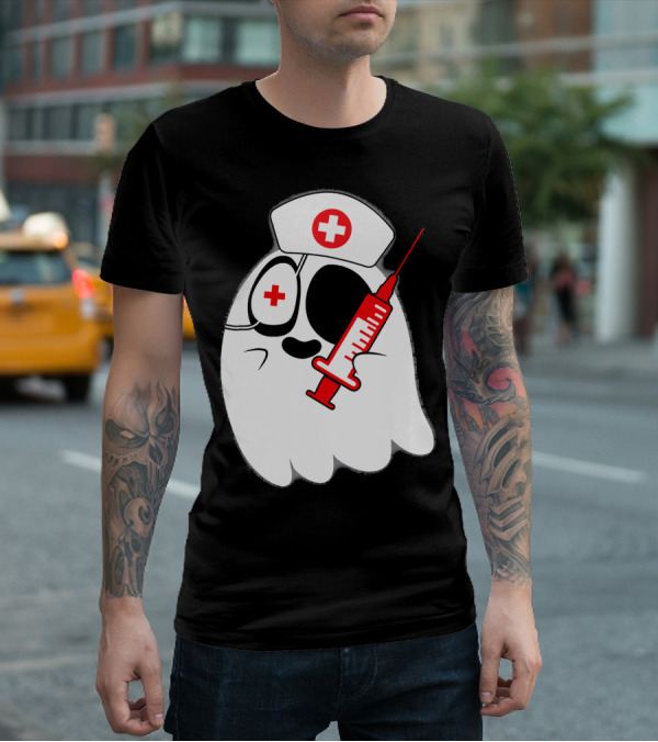 Funny Ghost Nurse Emoji With Syringe Nurse Hat T-Shirt