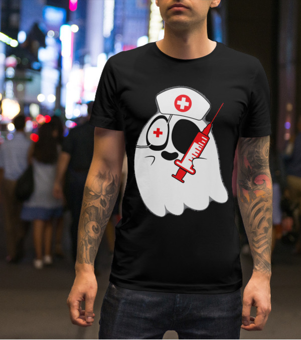 Funny Ghost Nurse Emoji With Syringe Nurse Hat T-Shirt